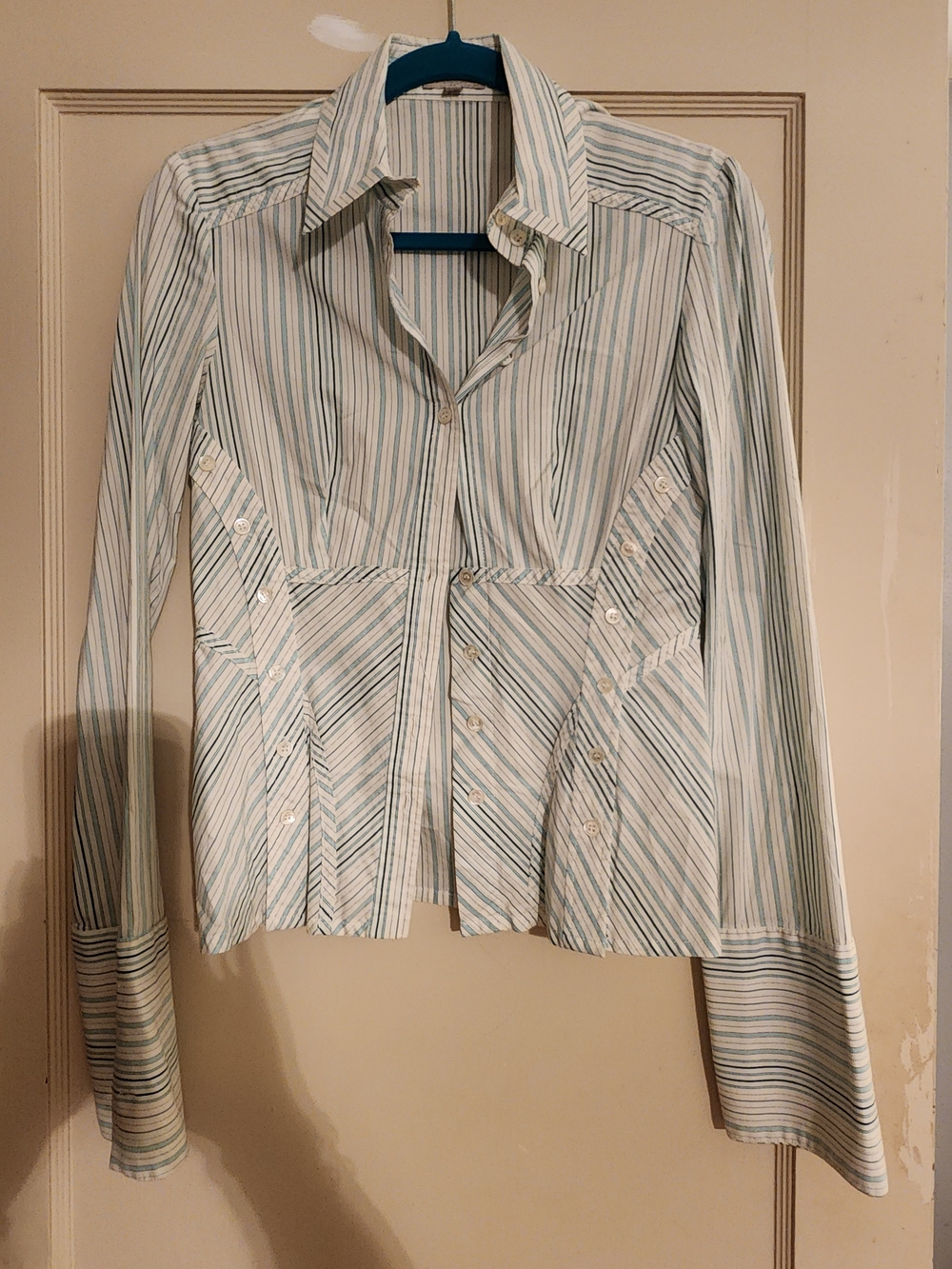 Karen Millen White and Light Blue Striped Dress Shirt